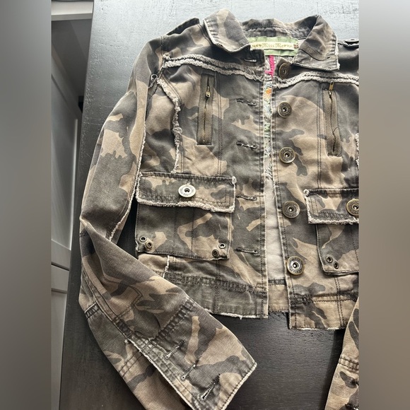 Miss Me S Army Cotton Jacket Green Floral Embroidered Pockets Zip Detail - Picture 3 of 11